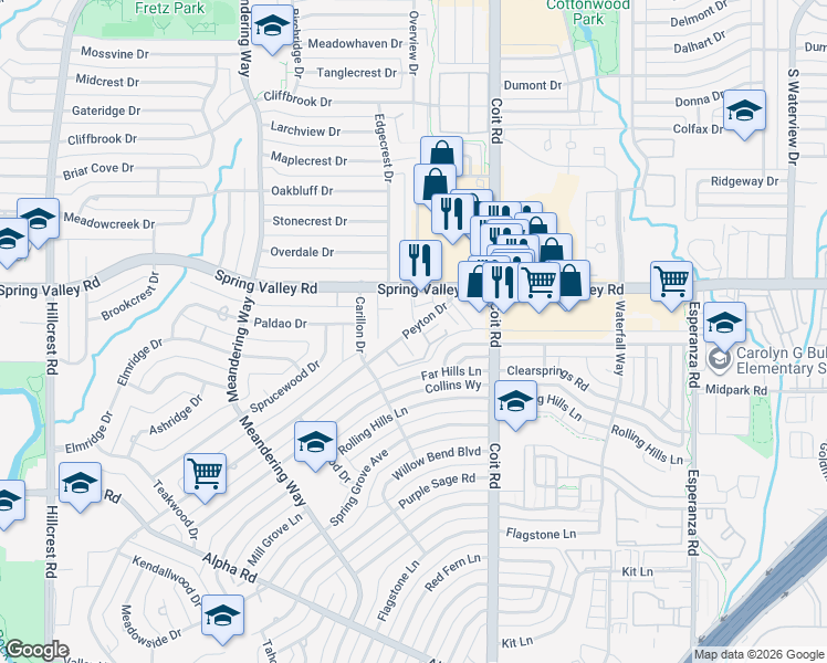 map of restaurants, bars, coffee shops, grocery stores, and more near 13944 Peyton Drive in Dallas