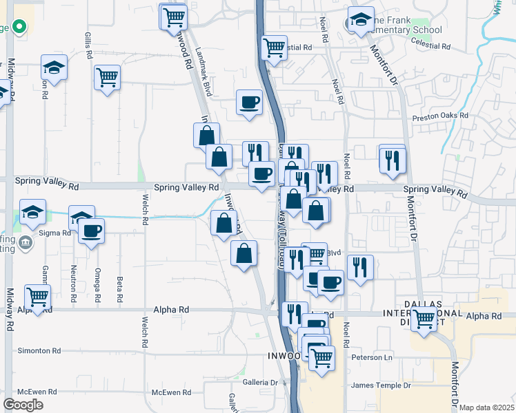 map of restaurants, bars, coffee shops, grocery stores, and more near 14185 Dallas North Tollway in Dallas