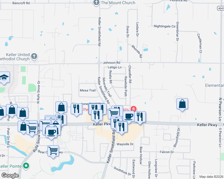 map of restaurants, bars, coffee shops, grocery stores, and more near 401 Silverado Trail in Keller