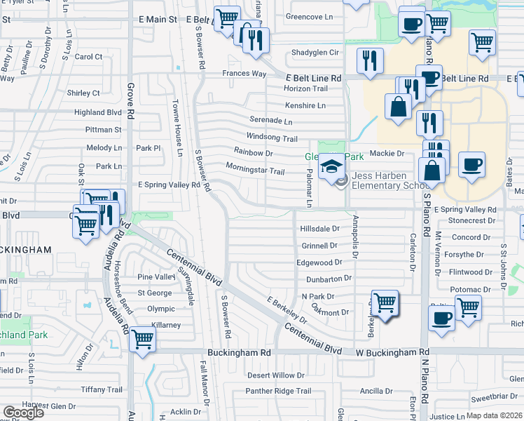 map of restaurants, bars, coffee shops, grocery stores, and more near 1008 East Spring Valley Road in Richardson