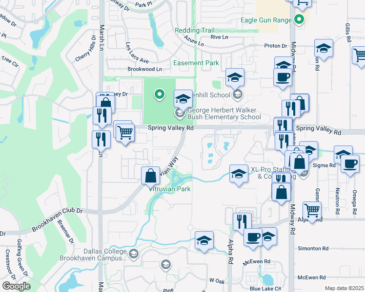 map of restaurants, bars, coffee shops, grocery stores, and more near 4017-4043 Vitruvian Way in Addison
