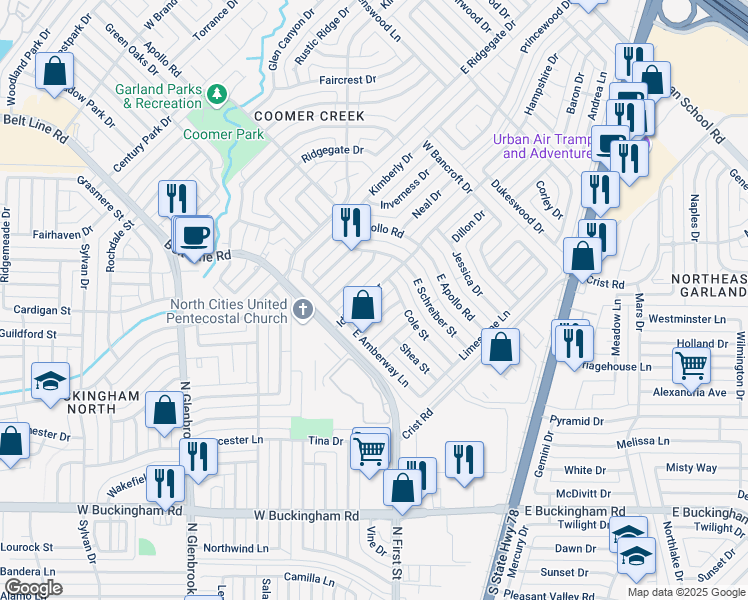 map of restaurants, bars, coffee shops, grocery stores, and more near 2226 Idlewood Drive in Garland