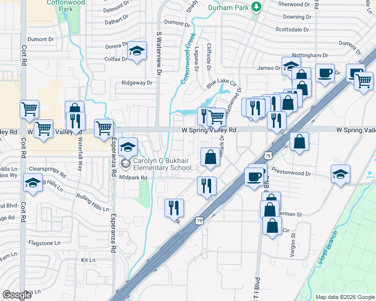 map of restaurants, bars, coffee shops, grocery stores, and more near 8550 Spring Valley Road in Dallas