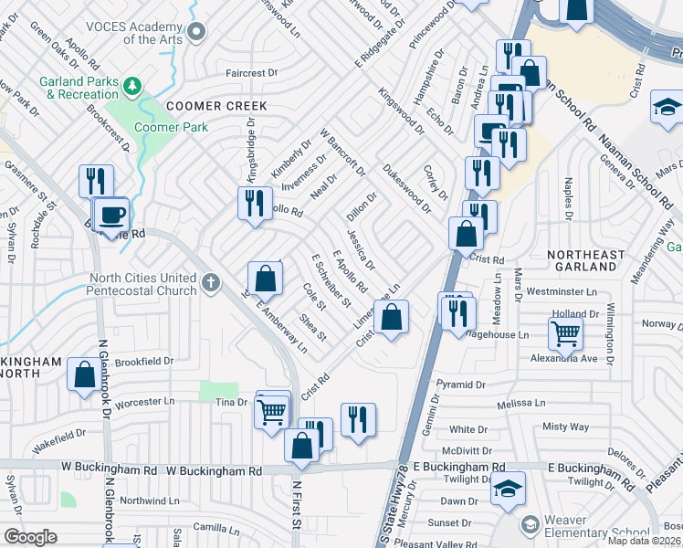 map of restaurants, bars, coffee shops, grocery stores, and more near 218 E Apollo Rd in Garland