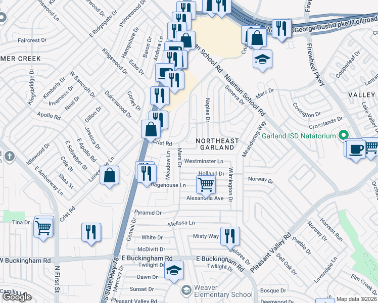 map of restaurants, bars, coffee shops, grocery stores, and more near 1114 Arbor Gate Drive in Garland