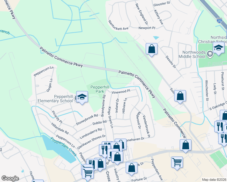 map of restaurants, bars, coffee shops, grocery stores, and more near 3288 Vinewood Place in North Charleston
