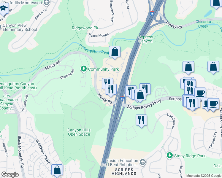 map of restaurants, bars, coffee shops, grocery stores, and more near 9860 Mercy Road in San Diego