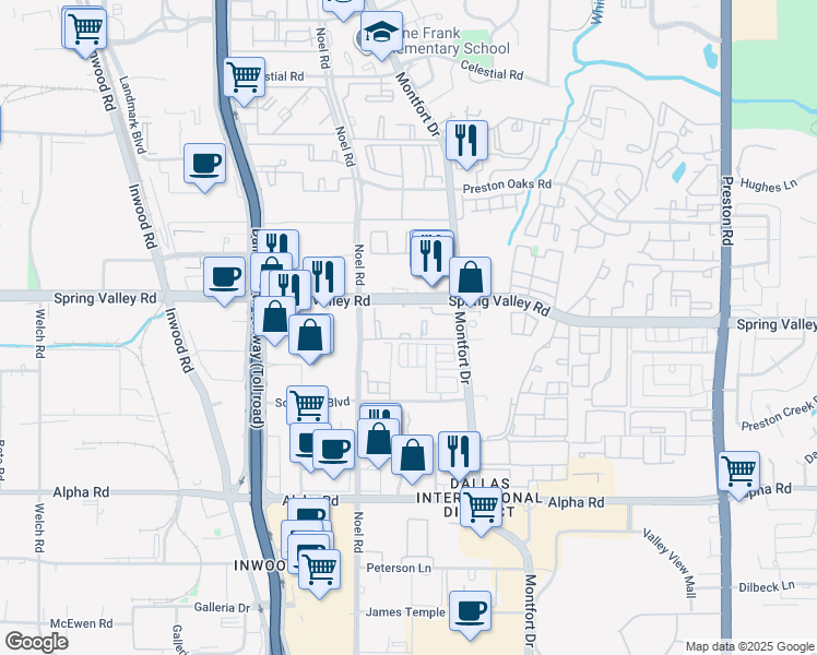 map of restaurants, bars, coffee shops, grocery stores, and more near 5300 Spring Valley Road in Dallas