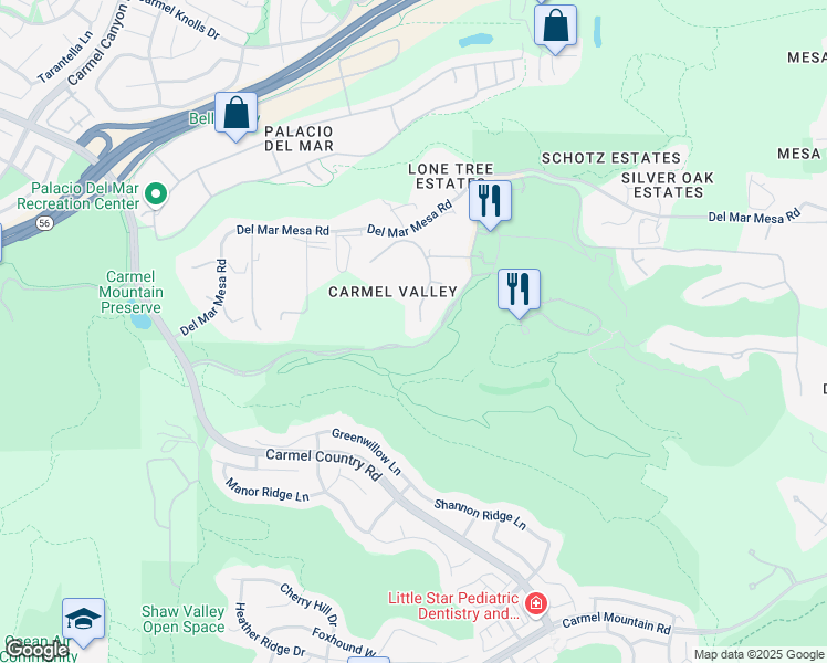 map of restaurants, bars, coffee shops, grocery stores, and more near 5106 Meadows Del Mar in San Diego