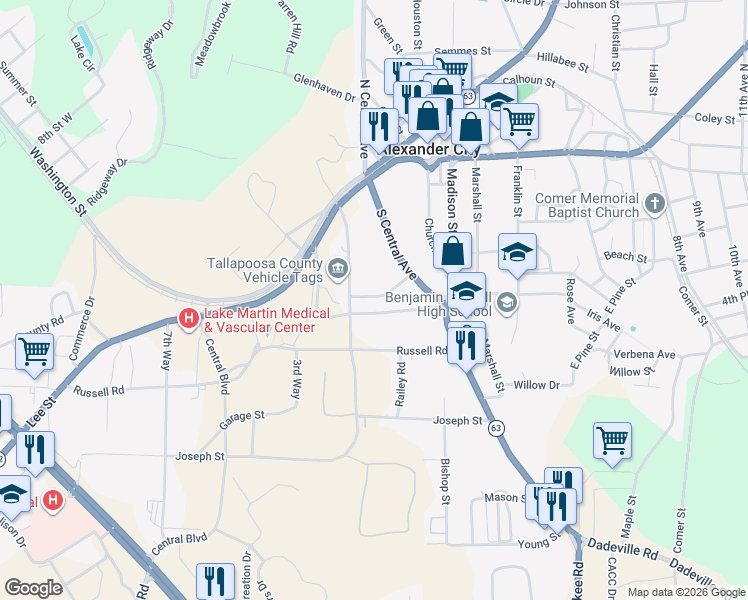map of restaurants, bars, coffee shops, grocery stores, and more near 175-299 Pelham Street in Alexander City