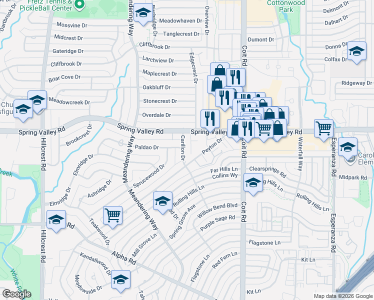 map of restaurants, bars, coffee shops, grocery stores, and more near 13932 Carillon Drive in Dallas