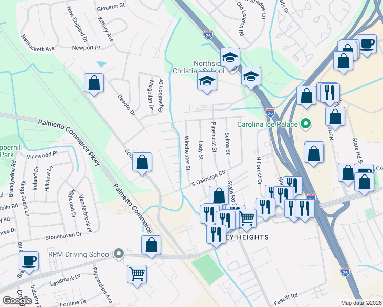 map of restaurants, bars, coffee shops, grocery stores, and more near 7632 Winchester Street in North Charleston