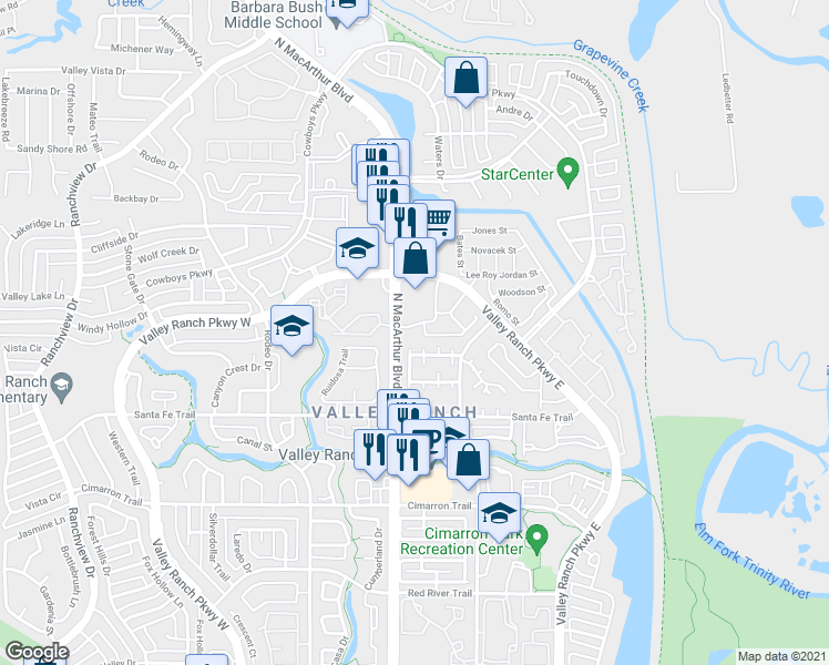 map of restaurants, bars, coffee shops, grocery stores, and more near 9808 North MacArthur Boulevard in Irving