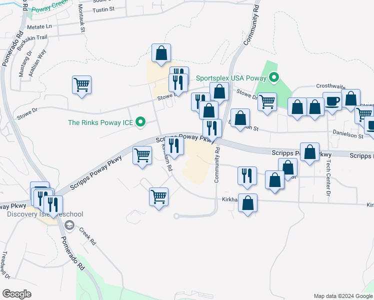map of restaurants, bars, coffee shops, grocery stores, and more near 12880 Gregg Court in Poway