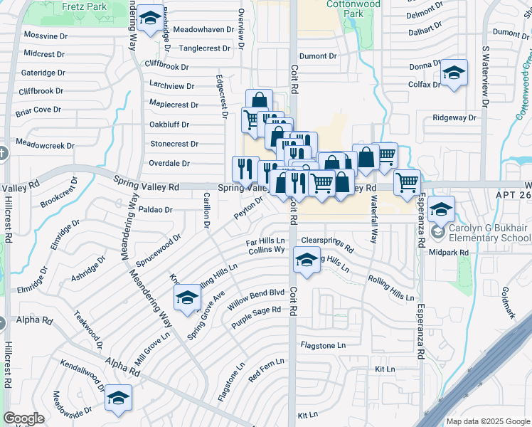 map of restaurants, bars, coffee shops, grocery stores, and more near 14034 Peyton Drive in Dallas