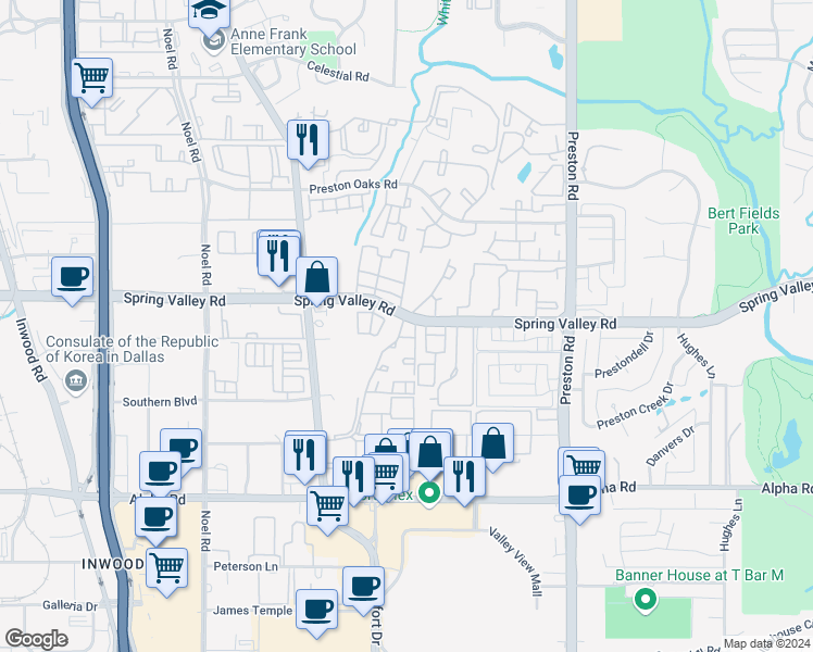 map of restaurants, bars, coffee shops, grocery stores, and more near 14 Spring Valley Road in Dallas