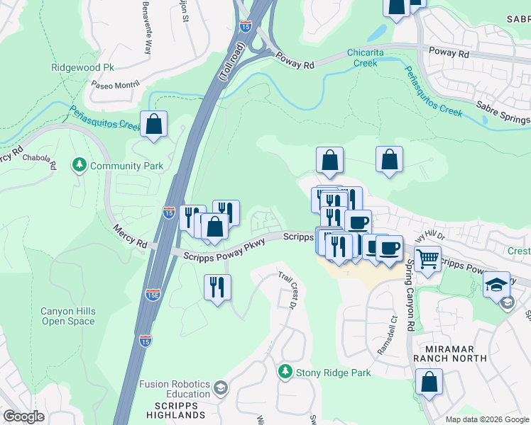 map of restaurants, bars, coffee shops, grocery stores, and more near 10410 Scripps Poway Parkway in San Diego