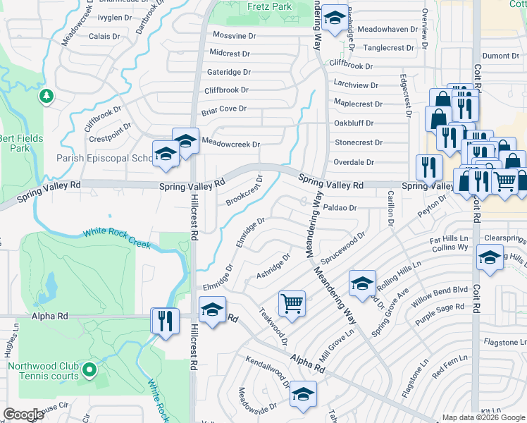 map of restaurants, bars, coffee shops, grocery stores, and more near 7155 Elmridge Drive in Dallas