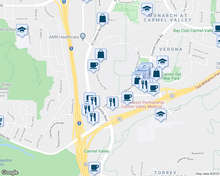 map of restaurants, bars, coffee shops, grocery stores, and more near 3639 Carmel Vista Road in San Diego