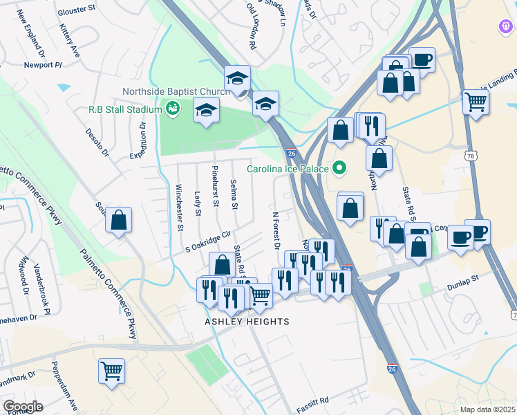 map of restaurants, bars, coffee shops, grocery stores, and more near 7606 East Oakridge Circle in North Charleston