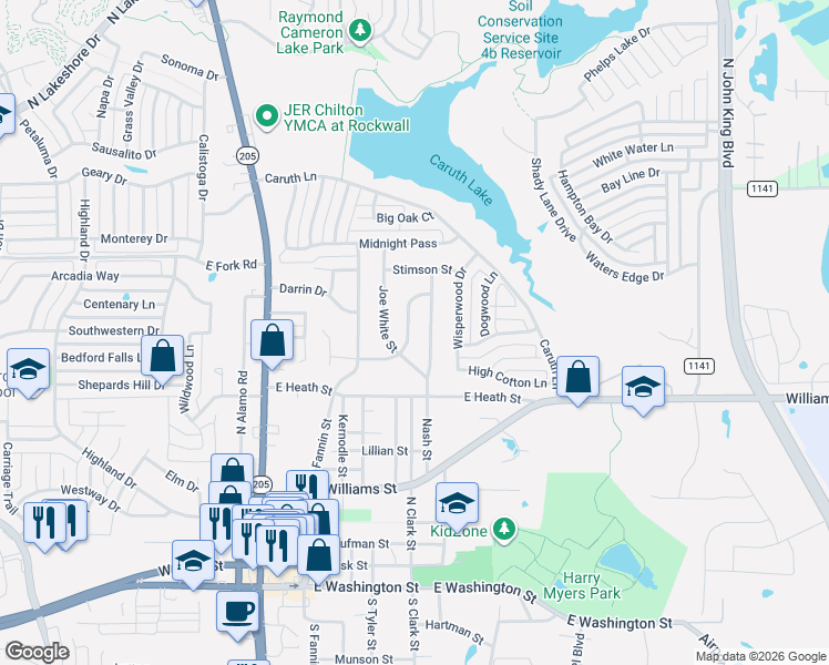 map of restaurants, bars, coffee shops, grocery stores, and more near 806 Jackson Street in Rockwall