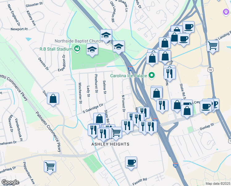 map of restaurants, bars, coffee shops, grocery stores, and more near 7606 East Oakridge Circle in North Charleston