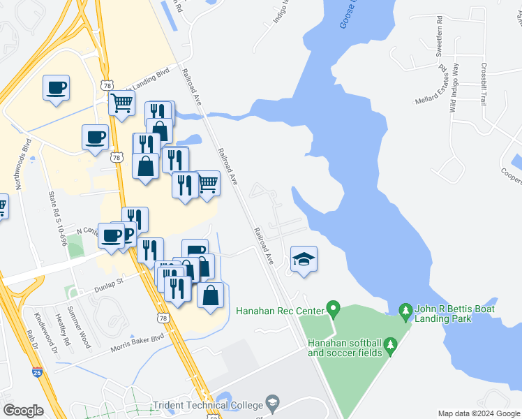 map of restaurants, bars, coffee shops, grocery stores, and more near 5200 Mabeline Road in Hanahan