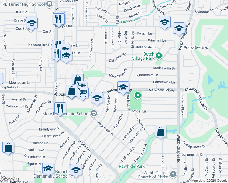 map of restaurants, bars, coffee shops, grocery stores, and more near 2858 Valwood Parkway in Farmers Branch