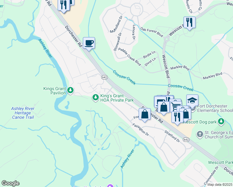 map of restaurants, bars, coffee shops, grocery stores, and more near 105 Dunbury Drive in Summerville