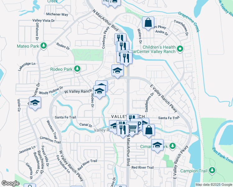 map of restaurants, bars, coffee shops, grocery stores, and more near 9805 North MacArthur Boulevard in Irving