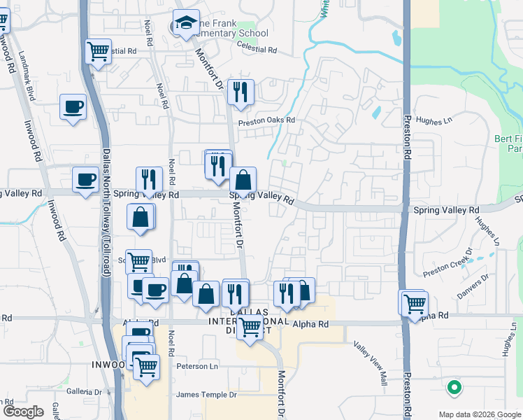 map of restaurants, bars, coffee shops, grocery stores, and more near 14010 Montfort Drive in Dallas