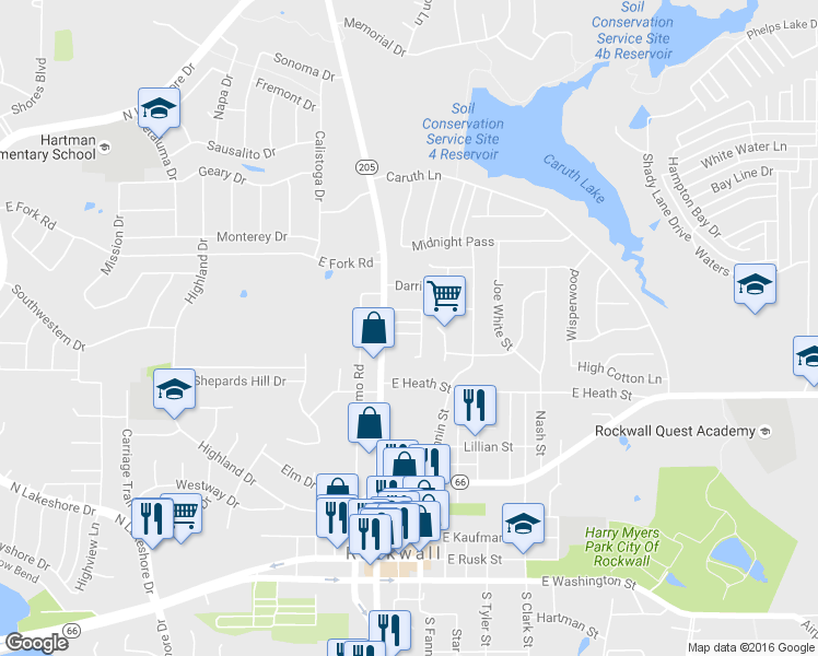 map of restaurants, bars, coffee shops, grocery stores, and more near 207 Jacob Crossing in Rockwall