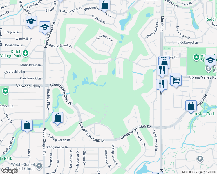 map of restaurants, bars, coffee shops, grocery stores, and more near 2227 Brookhaven Club Drive in Farmers Branch