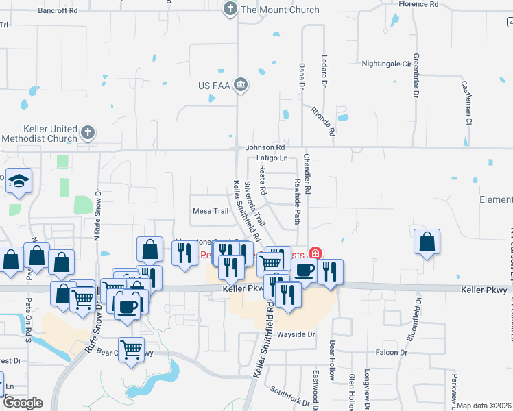 map of restaurants, bars, coffee shops, grocery stores, and more near 401 Silverado Trail in Keller