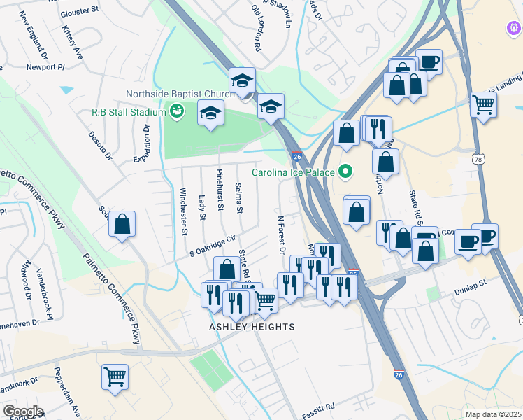 map of restaurants, bars, coffee shops, grocery stores, and more near 7606 East Oakridge Circle in North Charleston