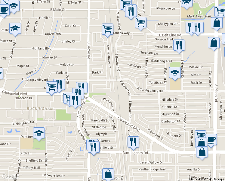 map of restaurants, bars, coffee shops, grocery stores, and more near 729 Towne House Lane in Richardson