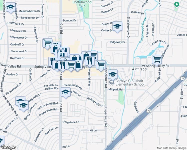 map of restaurants, bars, coffee shops, grocery stores, and more near 8202 West Spring Valley Road in Dallas