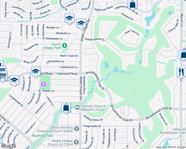 map of restaurants, bars, coffee shops, grocery stores, and more near 3122 Brookhaven Club Drive in Farmers Branch
