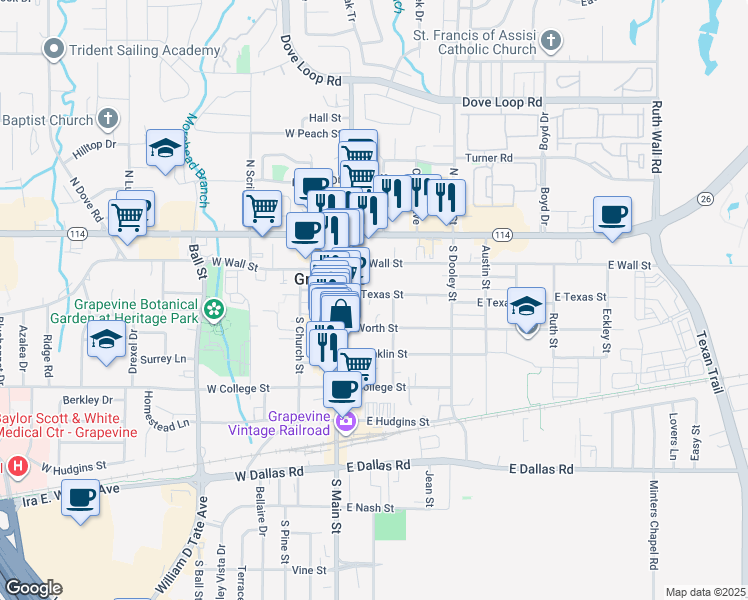 map of restaurants, bars, coffee shops, grocery stores, and more near 212 East Texas Street in Grapevine