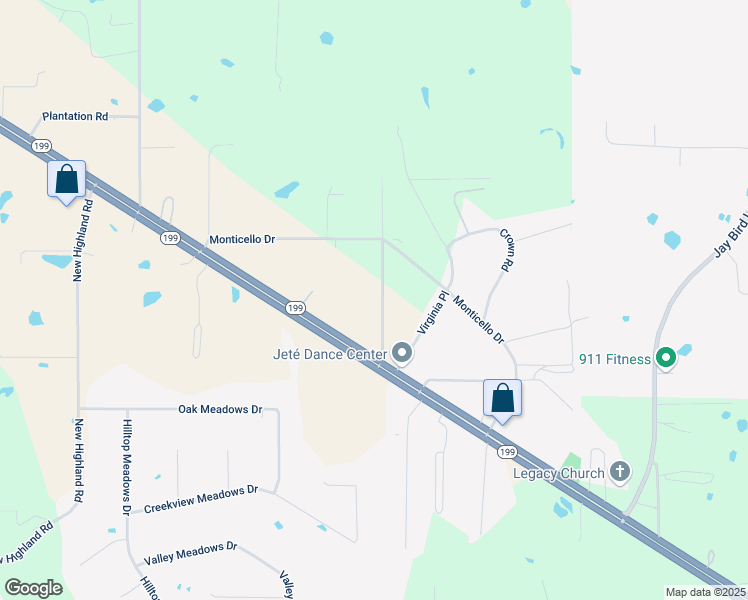 map of restaurants, bars, coffee shops, grocery stores, and more near 229 Belle Place in Springtown