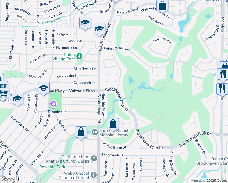 map of restaurants, bars, coffee shops, grocery stores, and more near 3122 Brookhaven Club Drive in Farmers Branch