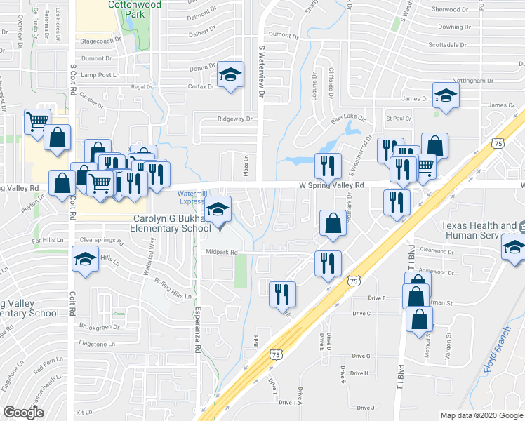 map of restaurants, bars, coffee shops, grocery stores, and more near 8646 Lazy Acres Circle in Dallas