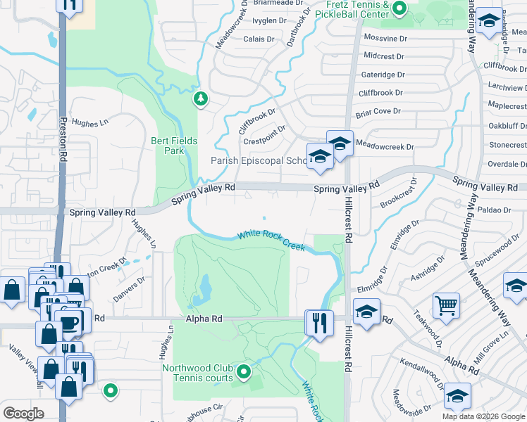 map of restaurants, bars, coffee shops, grocery stores, and more near 6616 Spring Valley Road in Dallas