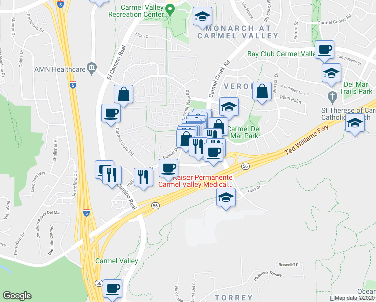 map of restaurants, bars, coffee shops, grocery stores, and more near 3870 Valley Centre Drive in San Diego