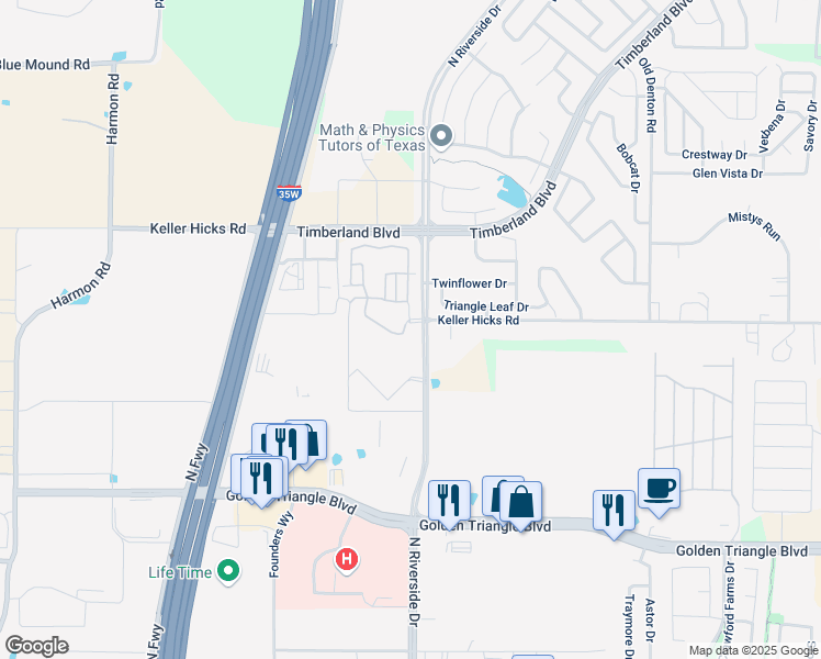 map of restaurants, bars, coffee shops, grocery stores, and more near 11340 Parma Lane in Fort Worth