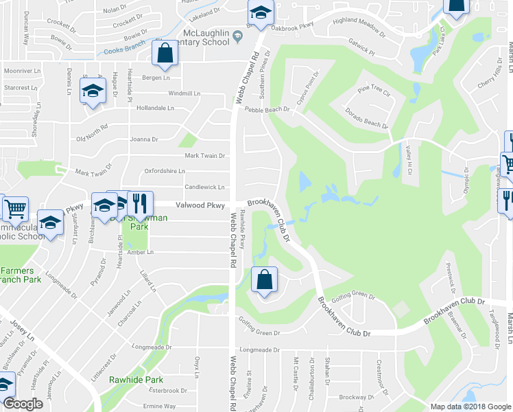 map of restaurants, bars, coffee shops, grocery stores, and more near 3122 Brookhaven Club Drive in Farmers Branch