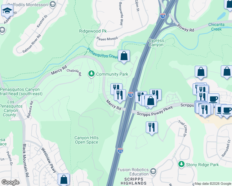 map of restaurants, bars, coffee shops, grocery stores, and more near 9860 Mercy Road in San Diego
