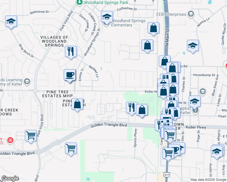 map of restaurants, bars, coffee shops, grocery stores, and more near 4535 Keller Hicks Road in Keller