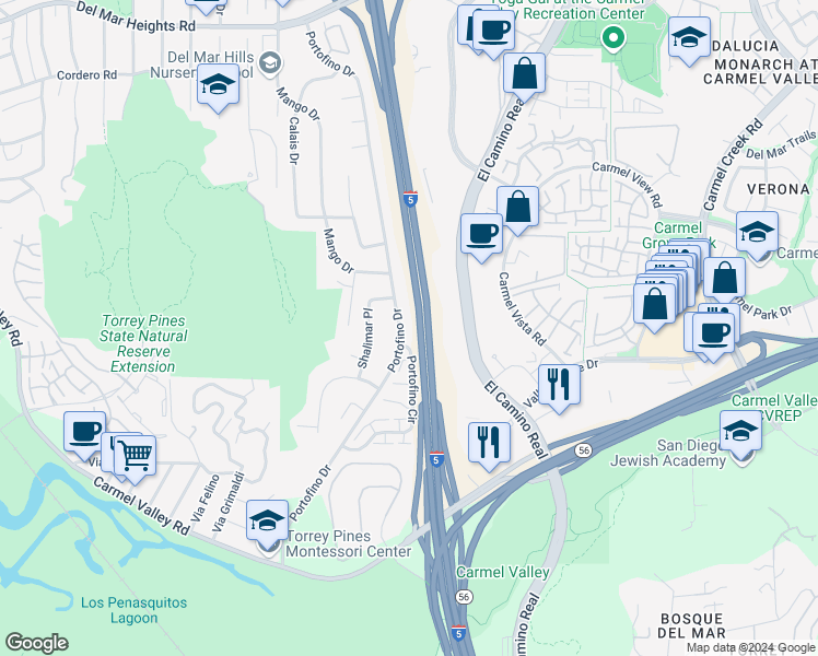 map of restaurants, bars, coffee shops, grocery stores, and more near 13147 Portofino Drive in Del Mar