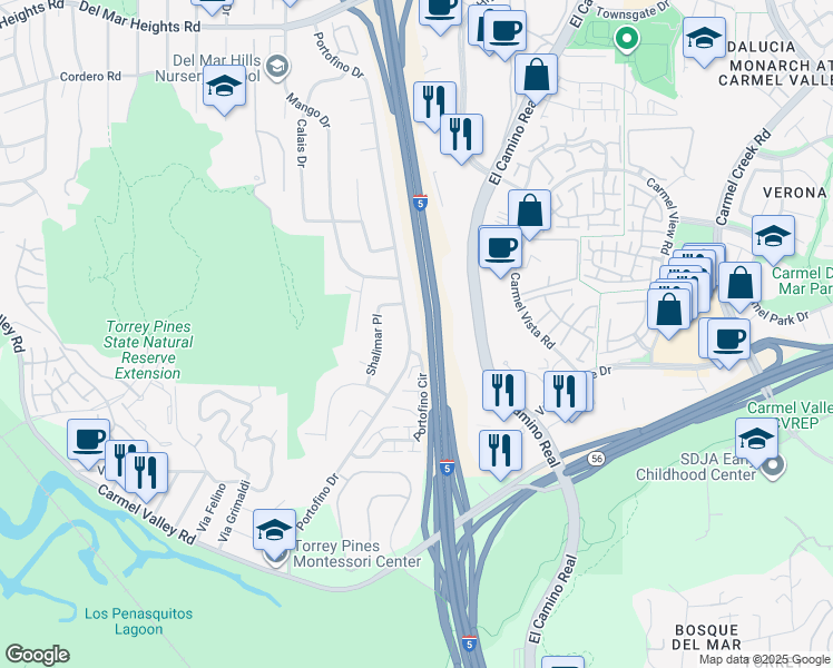 map of restaurants, bars, coffee shops, grocery stores, and more near 13147 Portofino Drive in Del Mar
